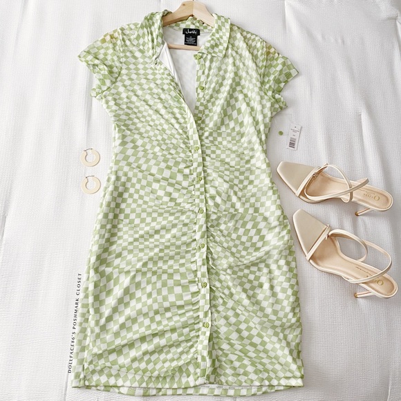 NWT Green & White Checkerboard Print Button Down Mesh Dress - Picture 2 of 12